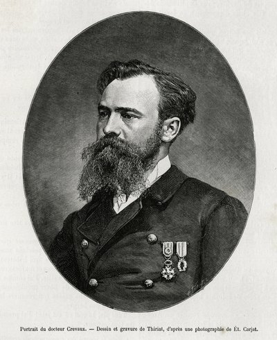 Portrét Dr. Julese Nicolase Crevauxe (1847-1882), lékaře a cestovatele po Jižní Americe (od Francouzské Guyany po Argentinu), velmi se zajímal o studium morálky a historie populací, se kterými se na svých cestách setkal, redigoval četná kniha od Henri Thiriat