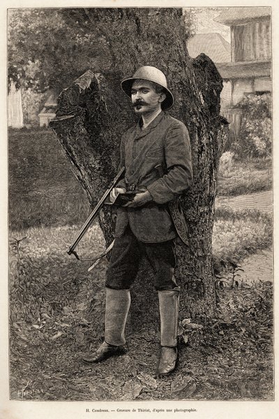 Portrét Henriho Coudreaua (1859-1899), profesora geografie a průzkumníka Amazonie (Brazílie). Rytina od Thiriata k ilustraci příběhu „“ mezi našimi Indiány, čtyři roky cestování po Francouzské Guyaně ““ od Henri Thiriat