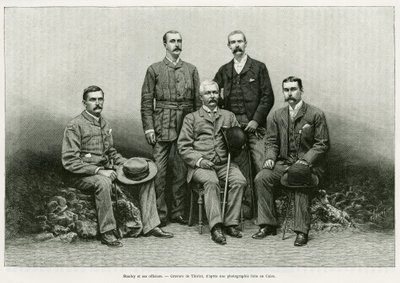 Portrét Henryho Mortona Stanleyho (John Rowlands 1841-1904) obklopuje zleva jeho důstojníky: Dr. Thomas Heazle Parke (1857-93), Robert H. Nelson, William G. Stairs a Arthur J. M. Jephson. Rytina od Thiriata k ilustraci příběhu Dans les tenebr od Henri Thiriat