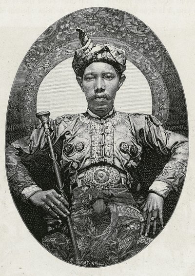 Portrét Mohammeda Yamalul Alama, sultána ze Soulou (nebo Sulu) (Filipíny), v roce 1880. Rytina od Thiriata pro ilustraci příběhu „“ Cesta na Filipíny““ od Henri Thiriat