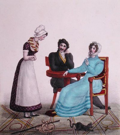„A hlavně buď dobrý!“, karikatura páru, který mluví se svou služebnou, než odejde, kolem 1820-30 (barva litho) od Henri Villain