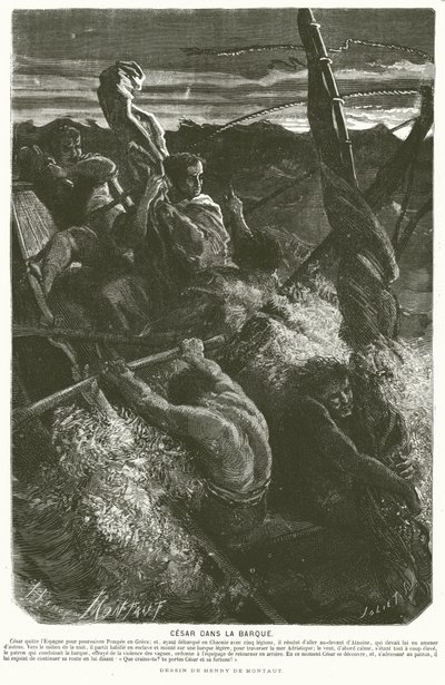 Julius Caesar, převlečený za otroka, odhalující svou totožnost posádce člunu zachyceného v bouři při překračování Jaderského moře, 48 př.nl (rytina) od Henri de (after) Montaut
