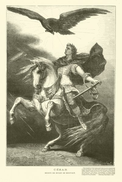 Julius Caesar na koni s císařským orlem nad ním (rytina) od Henri de (after) Montaut