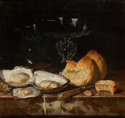 Zátiší s ústřicemi, chlebem a sklenicí na benátské víno, 1661. od Henri de Fromantiou