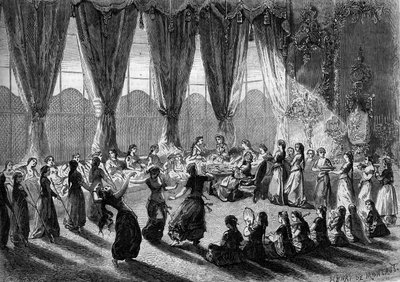 Přijetí evropských dam v serail of Cairo egyptskou vicekrálovnou. Služebnice přinášejí nádobí, zatímco hudebníci a tanečníci předvádějí show. 19. století. Rytina Henriho de Montauta v „The Illustrous World““ č. 320 z 30. května 1863. od Henri de Montaut