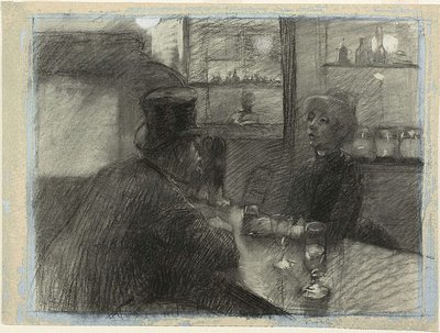 Bar v kavárně na rue de Rome, kolem roku 1886 (uhlí a bílá křída na modrém tkaném papíře) od Henri de Toulouse Lautrec