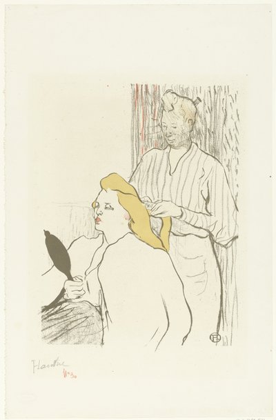 Kadeřník češe vlasy sedící ženy se zrcadlem v ruce Le coiffeur Program du Théâtre Libre od Henri de Toulouse Lautrec (signed by artist)
