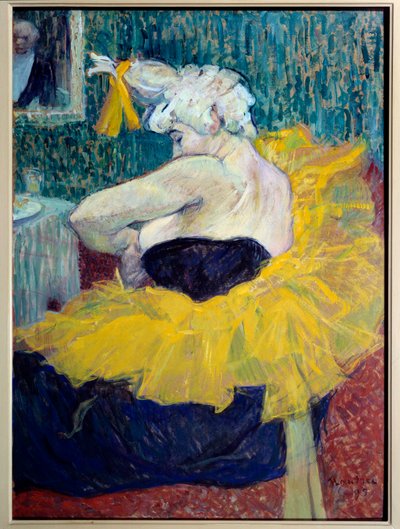 Clowness Cha-U-Kao, umělkyně v Moulin Rouge Dancer a klaunství v Nouveau Cirque a Moulin Rouge, Cha U Kao si přikládá tutovku ve své šatně nebo v soukromé praxi. Obraz Henri de Toulouse-Lautrec (1864-1901). 1895. Ne. 0,58x0,43 m od Henri de Toulouse Lautrec