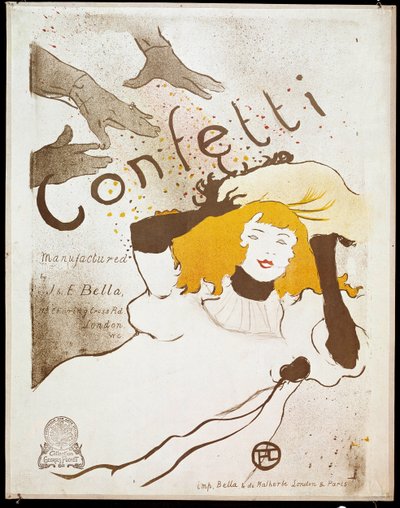 Konfety: ruce házejí konfety zápěstí na ženu se žlutými vlasy. Plakát Henri de Toulouse-Lautrec (1864-1901). Ztlumit. 0,54 x 0,39. 1893. Albi, Musee Toulouse Lautrec od Henri de Toulouse Lautrec