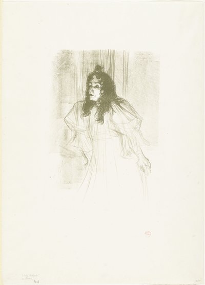 Portrét zpěvačky May Belfortové s volně visícími vlasy od Henri de Toulouse Lautrec