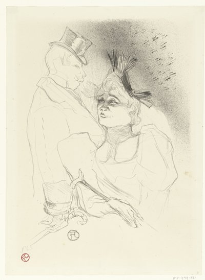 Portrét zpěvačky Marcelle Lenderové a komika Louise Boucheneze z Barona během představení Mademoiselle Lender a baron od Henri de Toulouse Lautrec