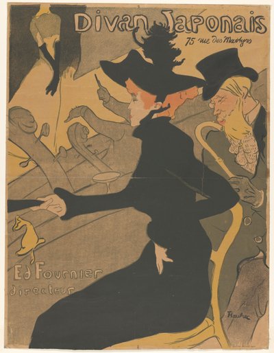Žena a muž v publiku na pěveckém vystoupení Divan Japonais (název na objektu) od Henri de Toulouse Lautrec