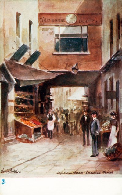 Starý Londýn: Ship Tavern Passage, Leadenhall Market (barevná litografie) od Henrie Pitcher