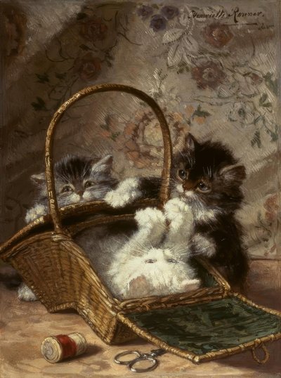 Mladé kočky s košíkem na šití od Henriëtte Ronner Knip