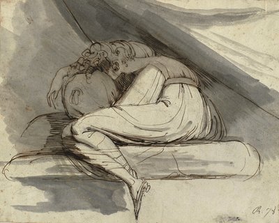 Žena sedící, stočená, po roce 1778 (tužka, pero, hnědý inkoust a šedá barva) od Henry  Fuseli