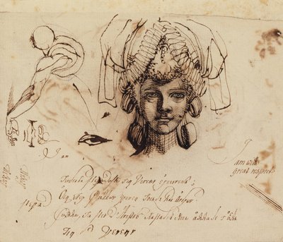 Paní Fuseli nosí komplikovanou pokrývku hlavy a zkoumá oko, ústa a trup (pero a inkoust) od Johann Heinrich Füssli