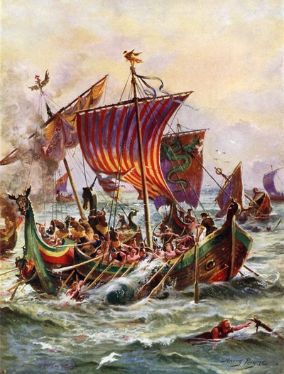 Galéry krále Alfreda útočící na vikingské dračí lodě, 897 (barva litho) od Henry Payne