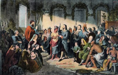 Sňatek Pocahontas a Johna Rolfa v Jamestownu v roce 1614 od Henry (after) Brueckner