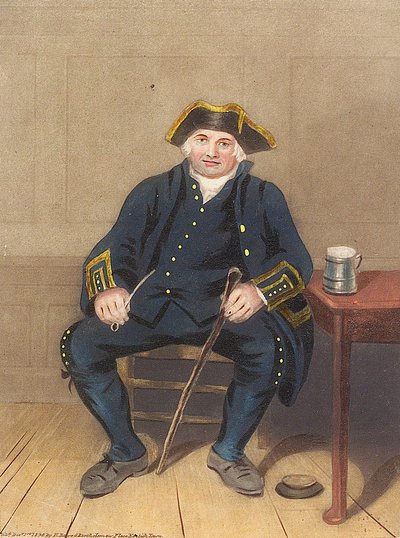 Portrét greenwichského důchodce, sedícího s hliněnou dýmkou a cisternou (akvatinta) od Henry (after) Dawe