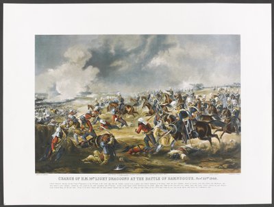 Obvinění H.M. 14. lehcí dragouni v bitvě u Ramnuggur, 22. listopadu 1848, vyryl J. Harris, kolem roku 1851 (barevné fotolitho) od Henry (after) Martens