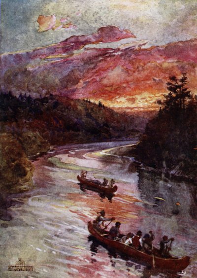 Kánoe na severoamerické řece (barva litho) od Henry (after) Sandham