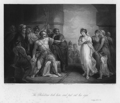 Samson a Dalila, soudci XVI, 21 (rytina) od Henry (after) Singleton