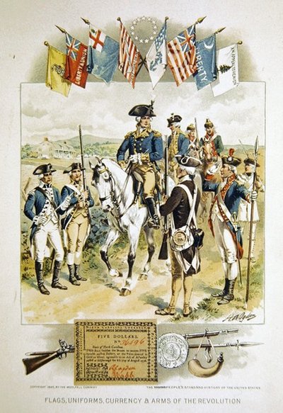 Americké vlajky, uniformy, měna a zbraně revoluce, ilustrace ze „Standardní historie mladých lidí ve Spojených státech“, vytištěné společností Woolfall Company od Henry Alexander (after) Ogden