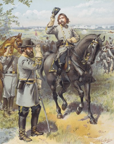 Generál Pickett přijímá rozkaz k útoku od generála Longstreeta, bitva u Gettysburgu, 3. července 1863 (barevně lito) od Henry Alexander (after) Ogden