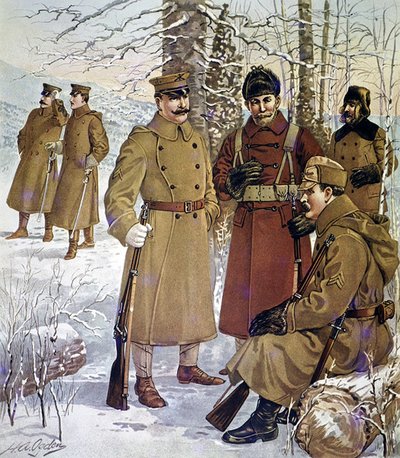 Zimní uniformy americké armády v letech 1901-07 (barevná litografie) od Henry Alexander (after) Ogden
