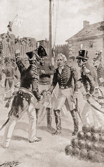 Brigádní generál William Hull se vzdává pevnosti a města Detroit, Michigan, Amerika během obléhání Detroitu, z Historie naší země, vydané 1905 od Henry Alexander Ogden
