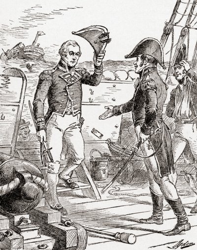 Kapitán Dacres z HMS Guerriere se vzdává a nabízí svůj meč kapitánu Hullovi na palubě USS Constitution po jeho porážce během války v roce 1812, z Historie naší země, vydané 19. od Henry Alexander Ogden