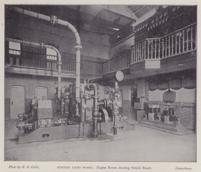 Strojovna zobrazující rozvaděč, Electric Light Works, Canterbury, Kent (černobílá fotografie) od Henry Beauchamp Collis