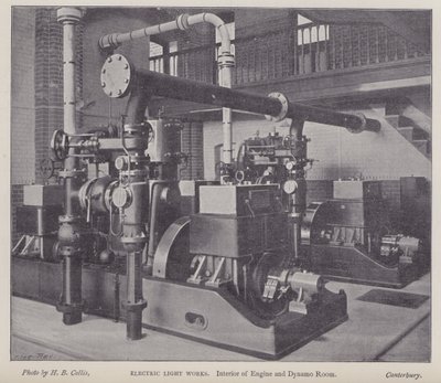 Interiér strojovny a dynama, Electric Light Works, Canterbury, Kent (č/b foto) od Henry Beauchamp Collis