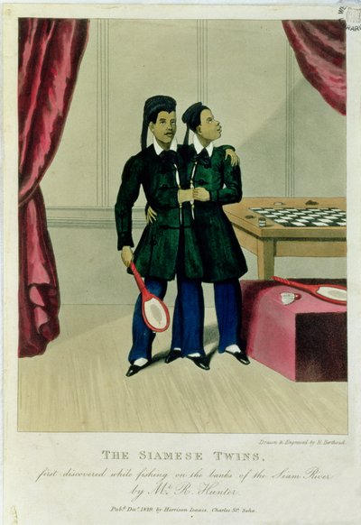 Siamská dvojčata, poprvé objevená při rybaření na březích řeky Siam panem R. Hunterem, 1829 od Henry Berthoud