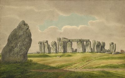 Stonehenge z N.E., ukazující ruiny a patní kámen s vozíkem, koněm, osobou, 1824-1839 od Henry Browne
