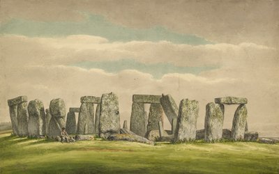 Stonehenge ze SZ, ukazující ruiny s člověkem a psem, 1824-1839 od Henry Browne