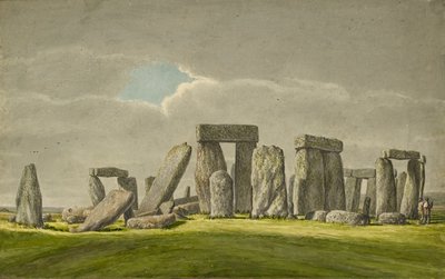 Stonehenge z J. E., zobrazující kameny ve zničeném stavu se 2 návštěvníky, 1824-1839 od Henry Browne