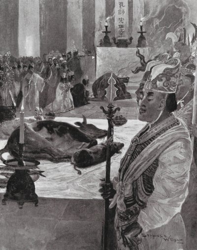 Obětování v konfuciánském chrámu (litografie) od Henry Charles Seppings Wright