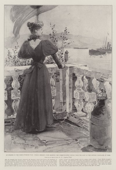 Epizoda z řecko-turecké války, manželka konzula Merlina zvedající komunikační signál ze střechy britského konzulátu ve Volo od Henry Charles Seppings Wright