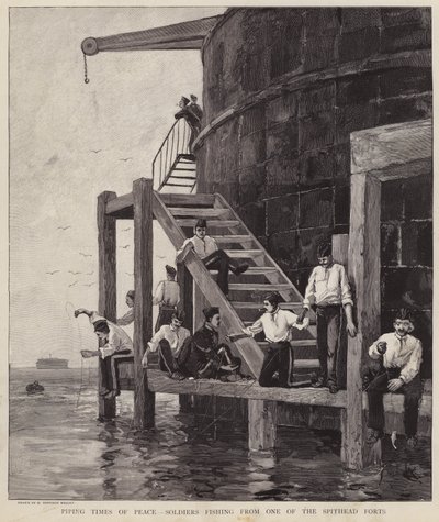 Britští vojáci loví ryby z jedné z pevností v Spithead, Hampshire (litho) od Henry Charles Seppings Wright