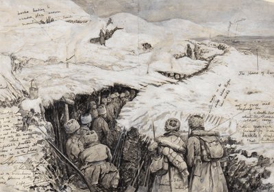 Galicie, ruské jednotky v zasněžených kopcích, 13. března 1916 (inkoust a kvaš na papíře) od Henry Charles Seppings Wright