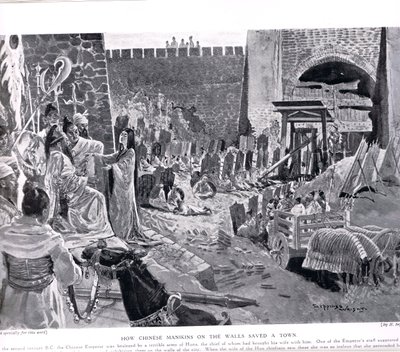 Jak čínské figuríny na zdi zachraňují město, ilustrace z „Hutchinsonových dějin národů“, kolem roku 1920 od Henry Charles Seppings Wright