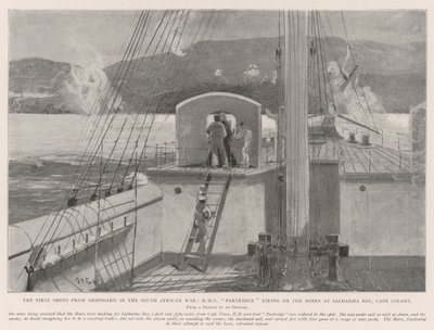 První výstřely z Shipboardu v jihoafrické válce, HMS Partridge střílející na Boery v Saldanha Bay, Cape Colony od Henry Charles Seppings Wright