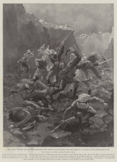 Povstání indických hranic, muži z Dorsetshire bojující ruku v ruce s nepřítelem v Nullah na průsmyku Tseri-Kandao od Henry Charles Seppings Wright