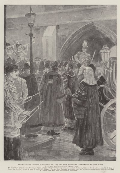 Slavnostní vyhlášení v Temple Baru, lord starosta čte dopis, který přinesl Rouge Dragon. od Henry Charles Seppings Wright