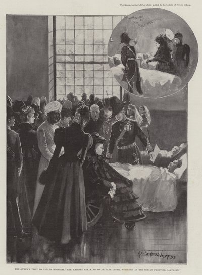 Návštěva královny v nemocnici Netley, Její Veličenstvo mluví s vojínem Leverem, zraněno při indické pohraniční kampani od Henry Charles Seppings Wright