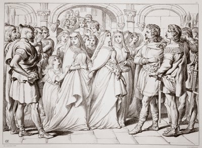 Alftruda uznává Herewarda, ilustrace z Hereward the Great od Charlese Kingsleyho, hospoda. 1870, vyryl C.G. Lewis (rytina ocelového plechu) od Henry Courtney Selous