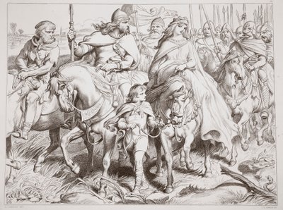 Hereward hlídá Alftrudu na bezpečné místo, ilustrace z Hereward the Great od Charlese Kingsleyho, hospoda. 1870, vyryl C.G. Lewis (rytina ocelového plechu) od Henry Courtney Selous