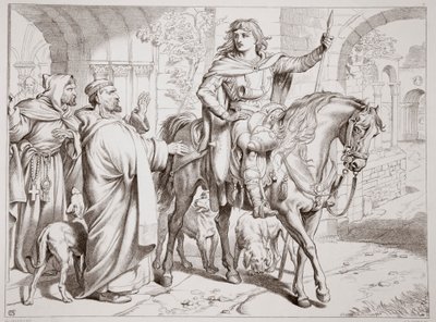 Hereward informuje svého strýce převora, že se chystá být postaven mimo zákon, ilustrace z Hereward the Great od Charlese Kingsleyho, hospoda. 1870, vyryl C.G. Lewis (rytina ocelového plechu) od Henry Courtney Selous