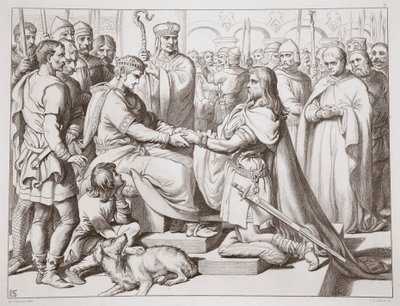 Jak Hereward přišel ke králi, ilustrace z Herewarda Velikého od Charlese Kingsleyho, hospoda. 1870, vyryl C.G. Lewis (rytina ocelového plechu) od Henry Courtney Selous